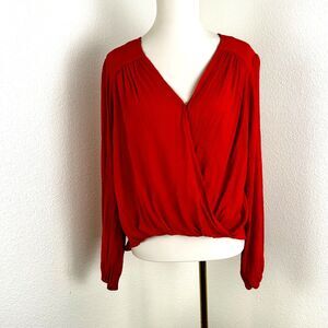 Free People Women's Orange Red Pleated Faux Wrap Long Sleeve Blouse